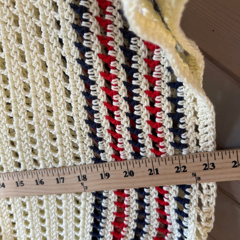Handmade Crochet Picnic Poncho Cream Red Navy Blue Striped Open Knit V-Neck OS - Picture 3 of 4